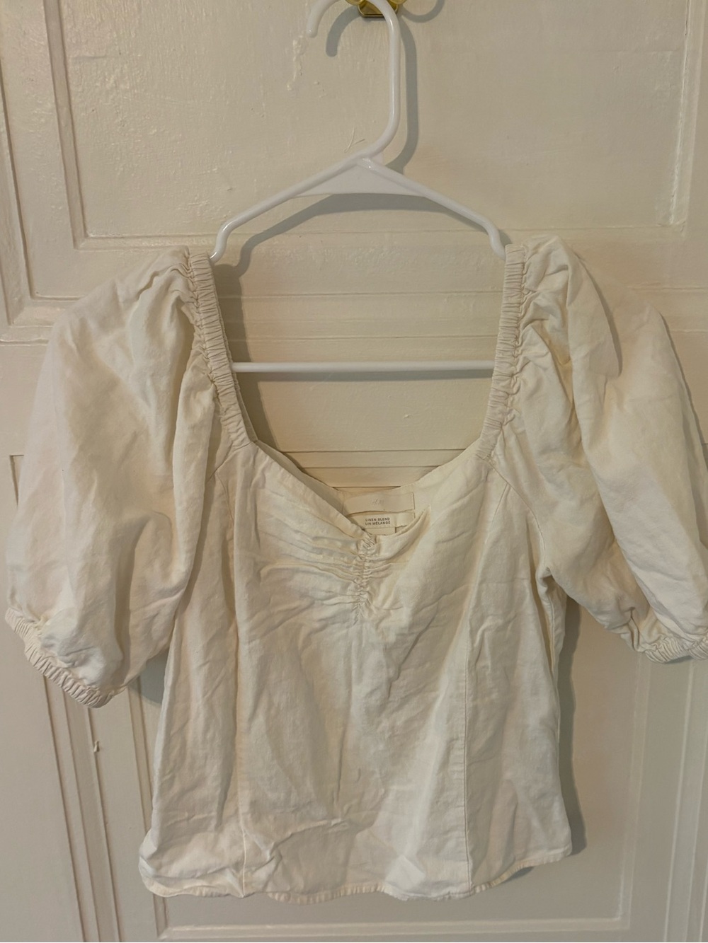 H&M women’s linen Puff Sleeve Square Neck Top - White
